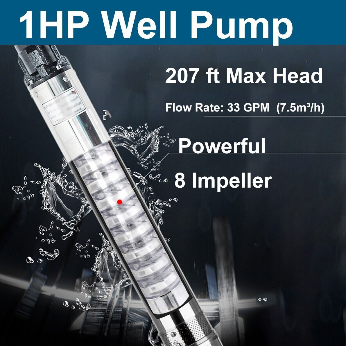 4'' Deep Well Submersible Pump 1HP 207' 37GPM 110V Stainless Steel w/Control Box