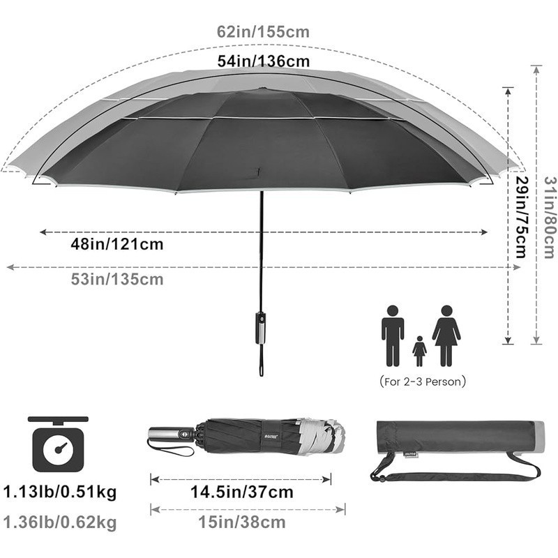 Windproof Compact Golf Umbrella Automatic Open Close Inverted Fold Double Canopy