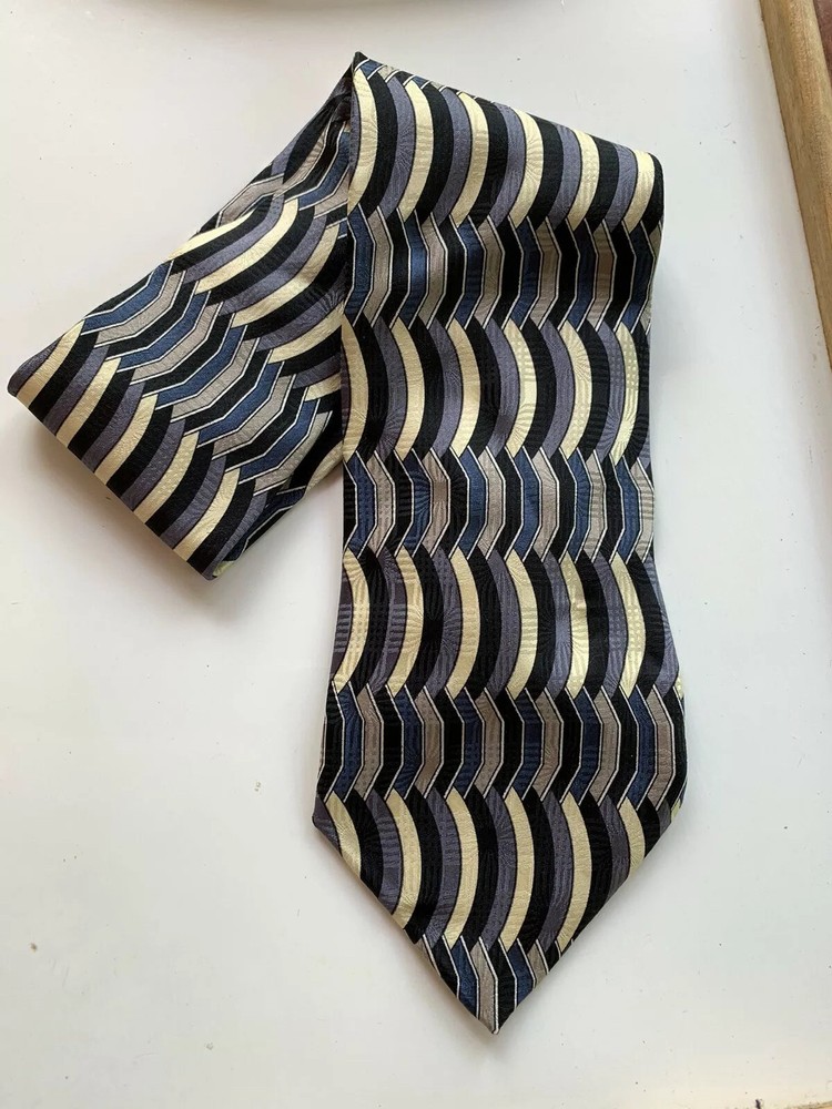 Manhattan 100% Silk Tie, Black Blue Gray Beige Print