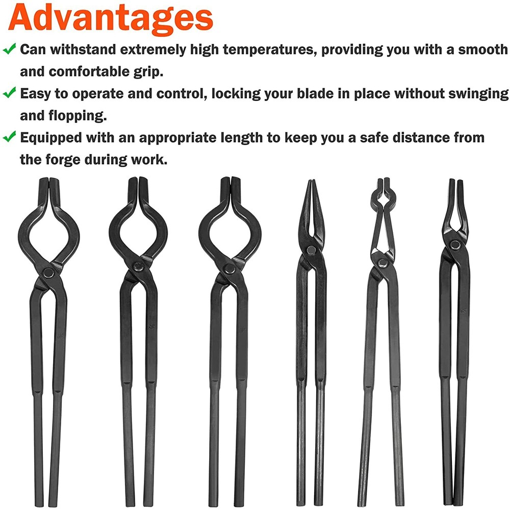 Beginner Blacksmith Tongs 6 pcs Flat Jaw Pick Up Scroll Blacksmith Forge Tongs