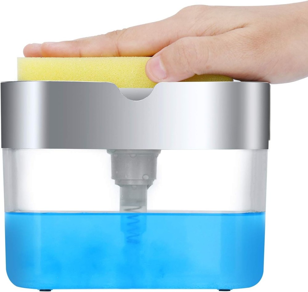 Kitchen sink soap dispenser with sponge holder