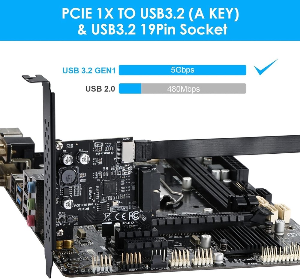 PCI-E 1X to USB 3.2 5Gbps 20pin Front Panel Header to Type-c Front Panel Head...