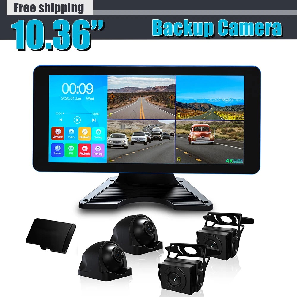 Backup Camera Dash Cam with 10.36"Touchscreen 4 AHD Front Rear Sides View Camera