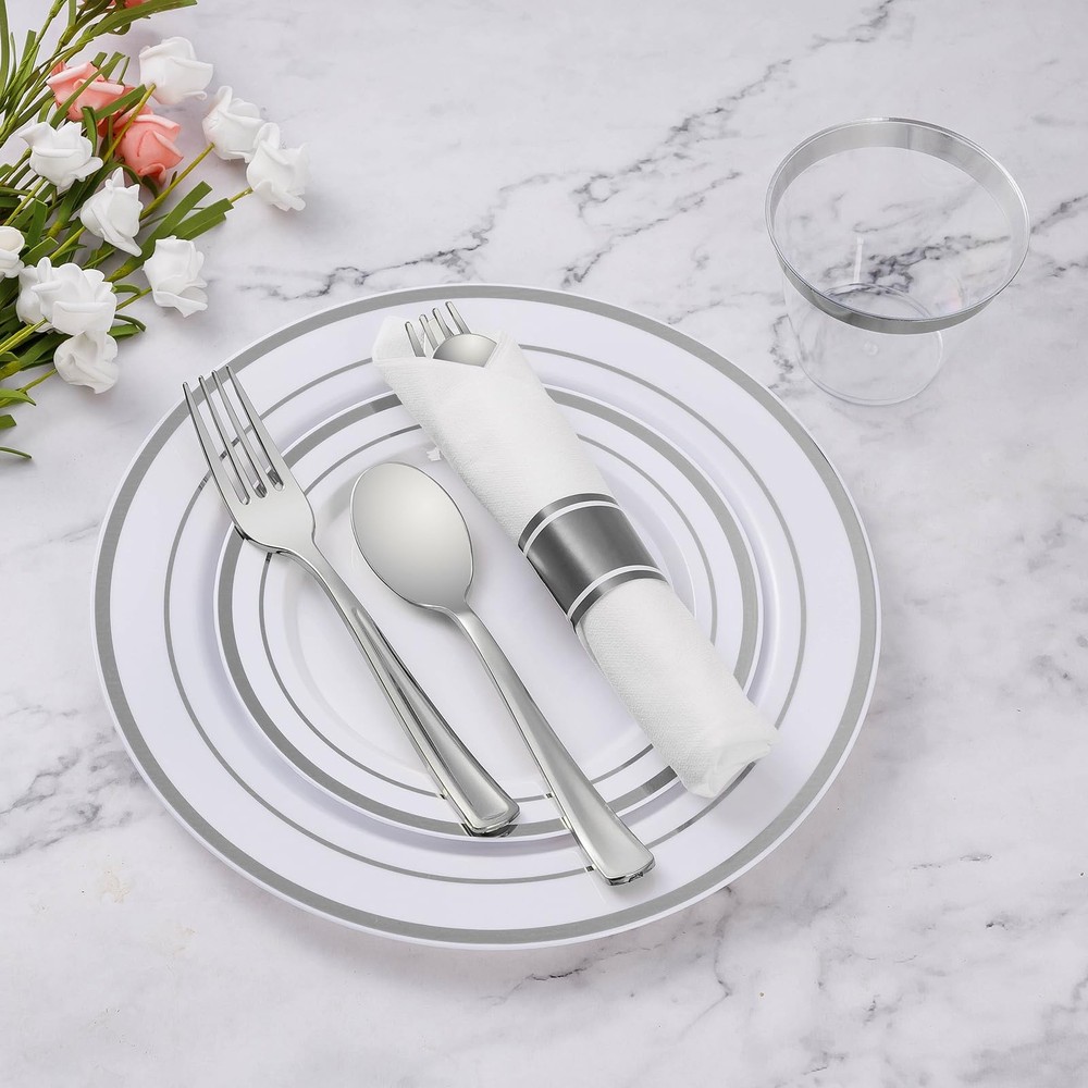 100 Pack Pre Rolled Silver Plastic Silverware, Wrapped Plastic Cutlery Set wi...