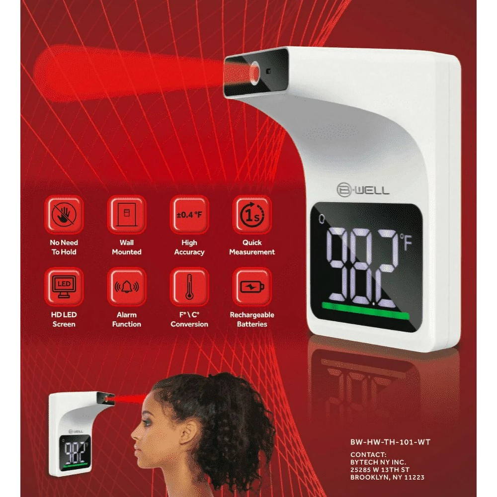 BWell Bluetooth Wall-Mounted Contactless Infrared Forehead Thermometer with Larg
