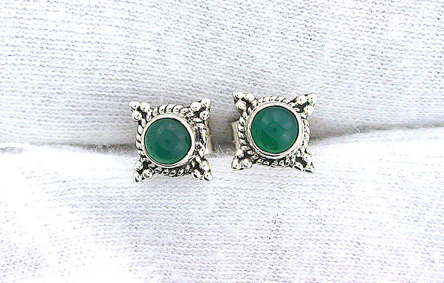One Pair 4mm Round Green Agate Sterling Silver Cabochon Cab Gem Stud Earring