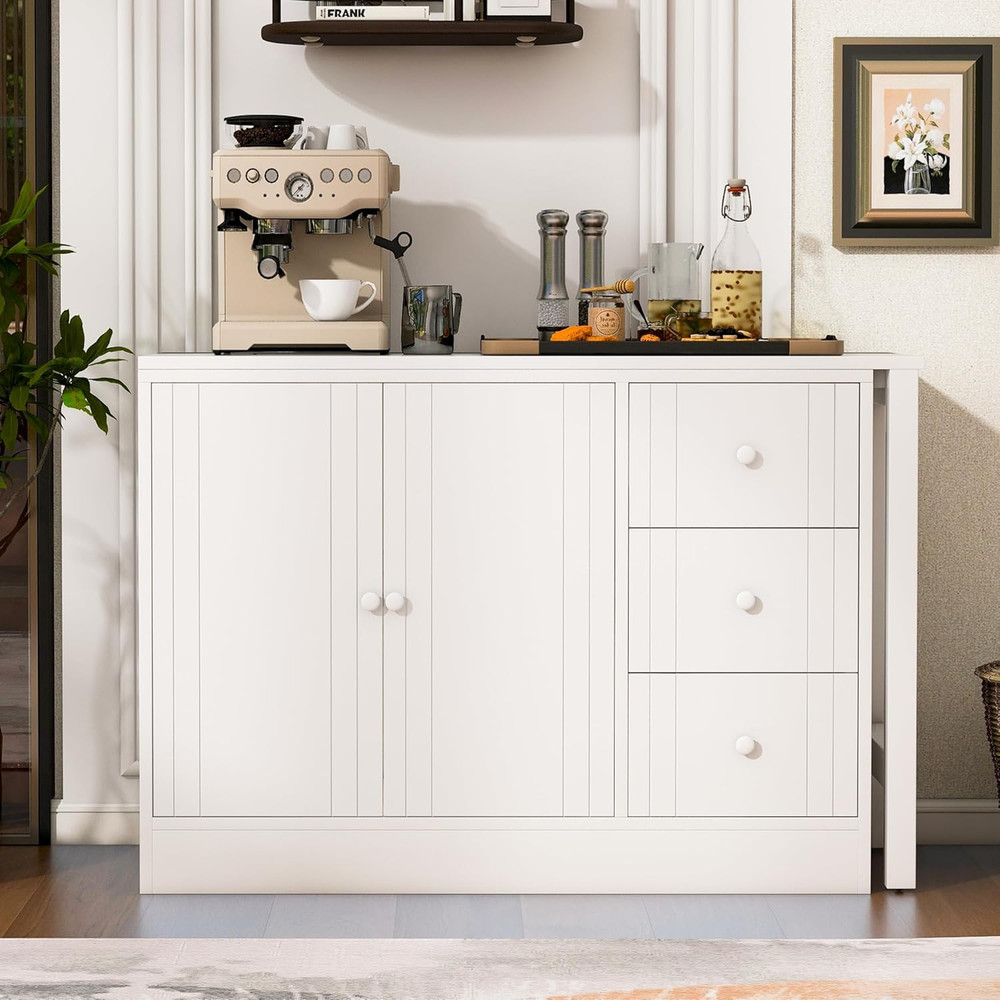 Rustic White Buffet Sideboard with Extendable Table & Adjustable Shelves