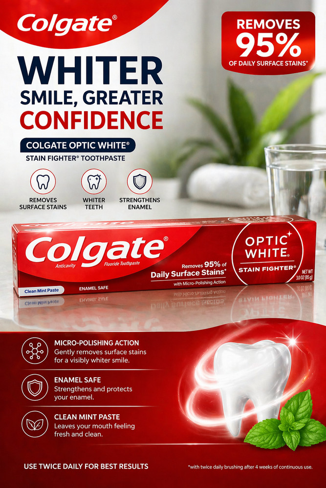 Colgate Optic White Toothpaste 2 Pack 3oz Clean Mint Whitening Stain Fighter
