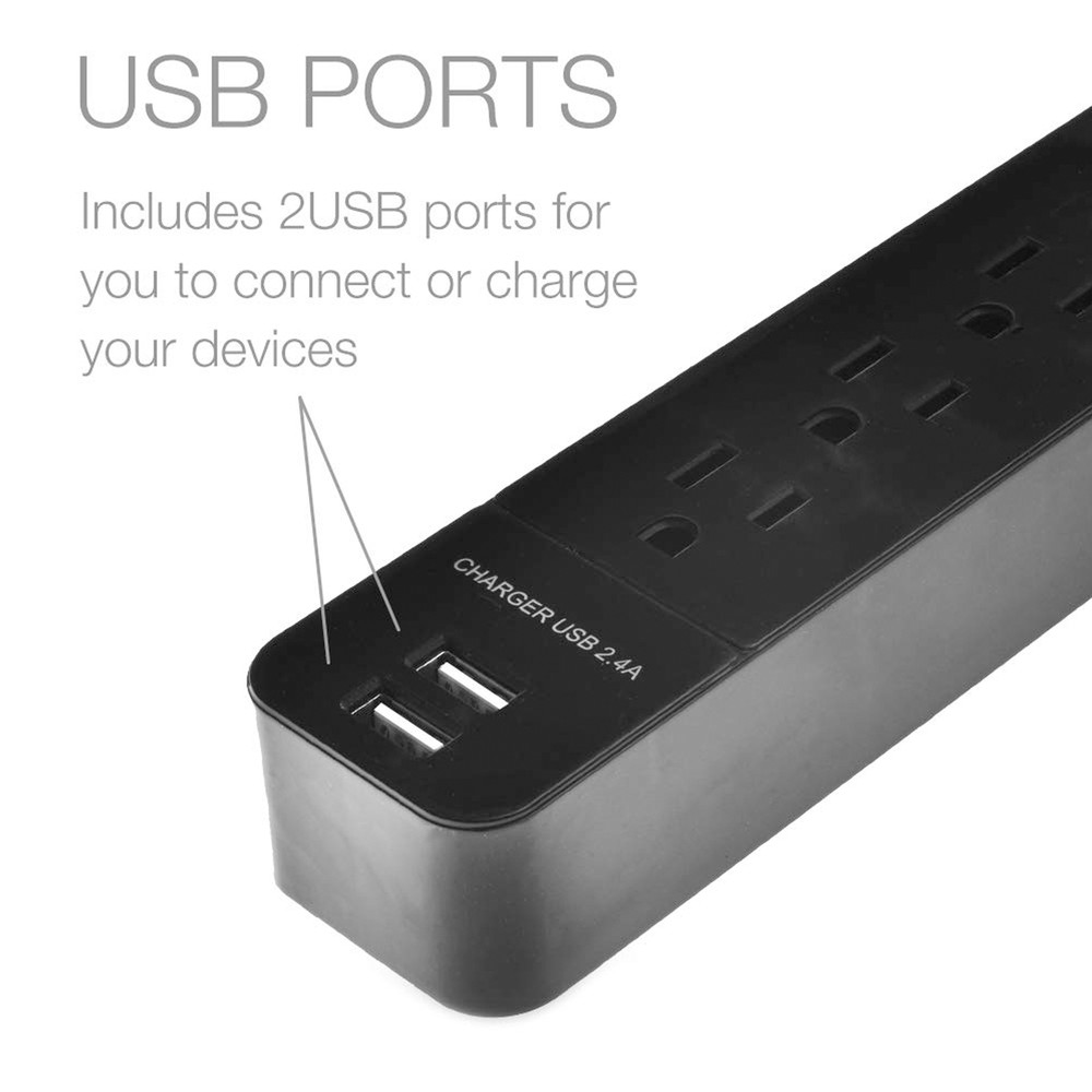 6 Outlet Surge Protector, 15 Ft, USB, Black