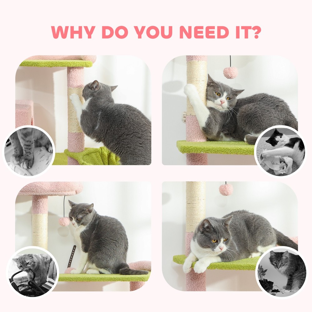 74" Flower Cat Tree, Large Cat Tower with Scratching Post & Board for Indoor