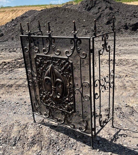 3-Panel Folding Fireplace Screen - Black - Fleur de Lis Design
