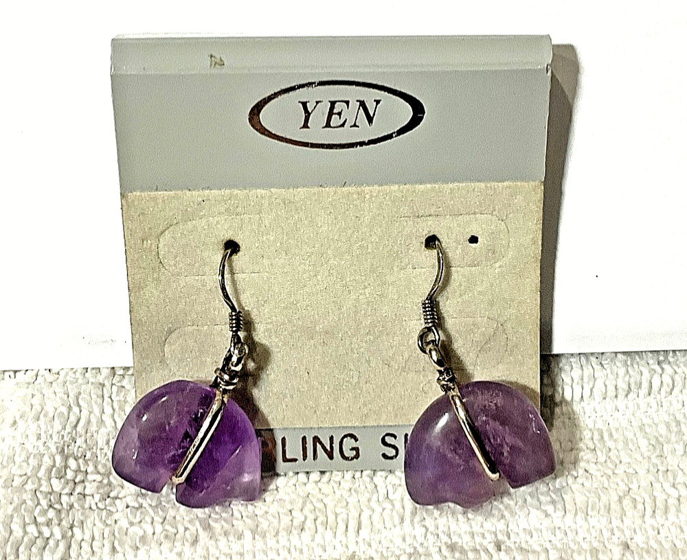 ~  NICE 😊 purple Quarts BEAR Sterling Silver Dangle Drop Earrings