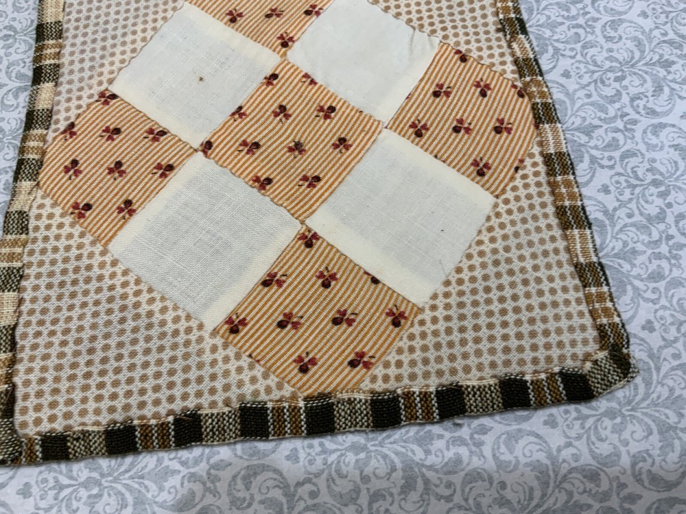 Antique Patchwork Quilt Table Topper, Mini, Nine Patch, Early Calico Prints