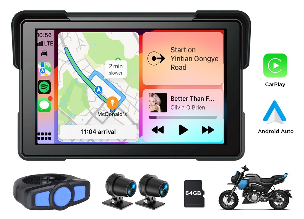 For Motorcycle CarPlay Android Auto Dual Bluetooth 7" Waterproof GPS Navigation