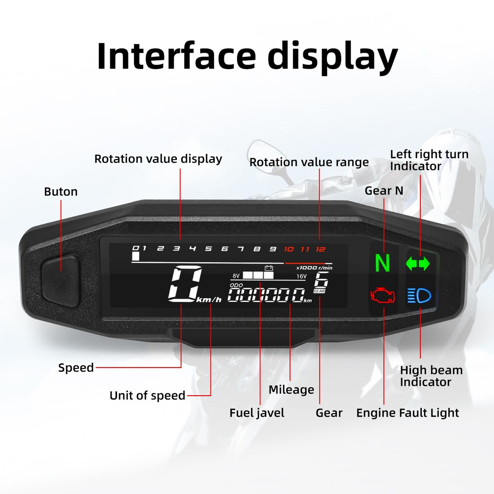 Motorcycle Gauge LCD/Digital Speedometer Odometer Tachometer With Sensor Bracket