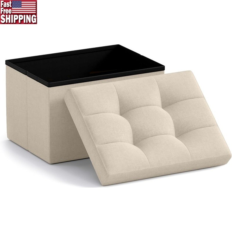 Foldable Storage Ottoman Multi-Use Footrest Comfortable Linen Rectangular Design