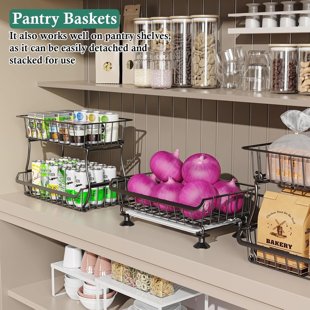 Pantry Storage Cart Fruit Basket Stand 3 Tier Stackable Wire Basket Organizer
