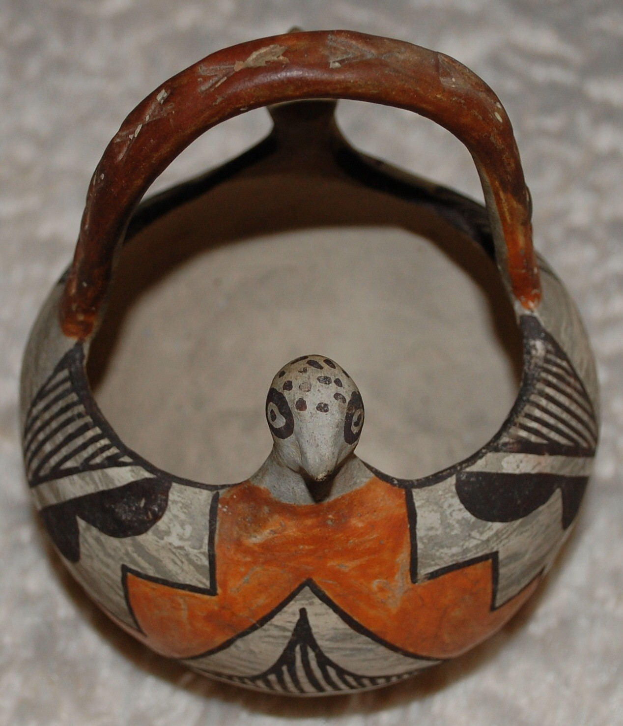 Early Isleta Double-Headed Pottery Bowl w/eight X engraved handle-1910-1920's