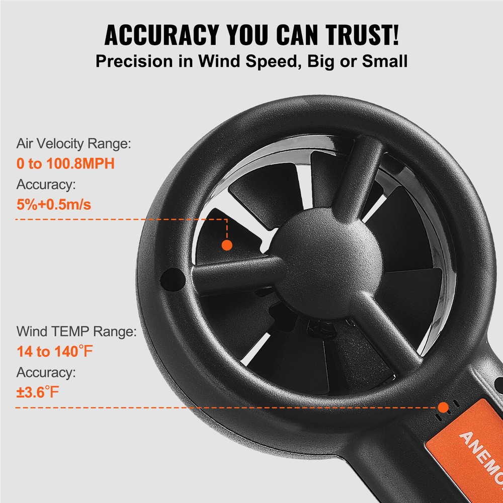 VEVOR Split Handheld Anemometer Digital Wind Speed CFM Meter Gauge 14-140℉ LED