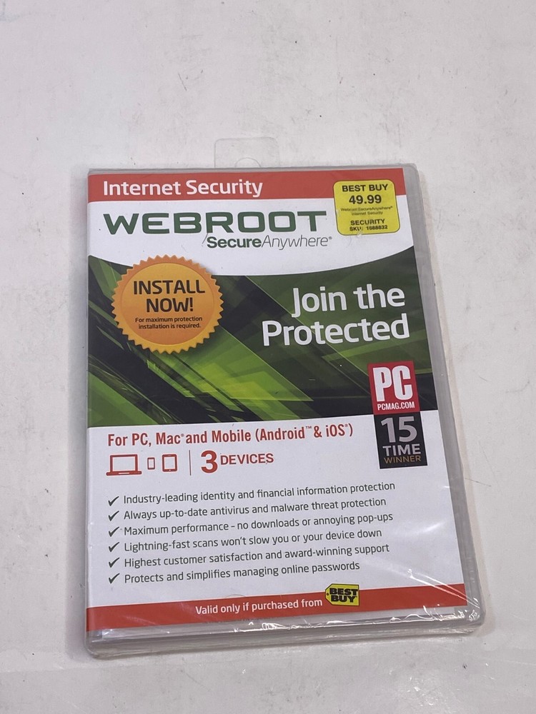 Webroot Secure Anywhere PC/Mac/Mobile Android & iOS-3 Devices Internet Security