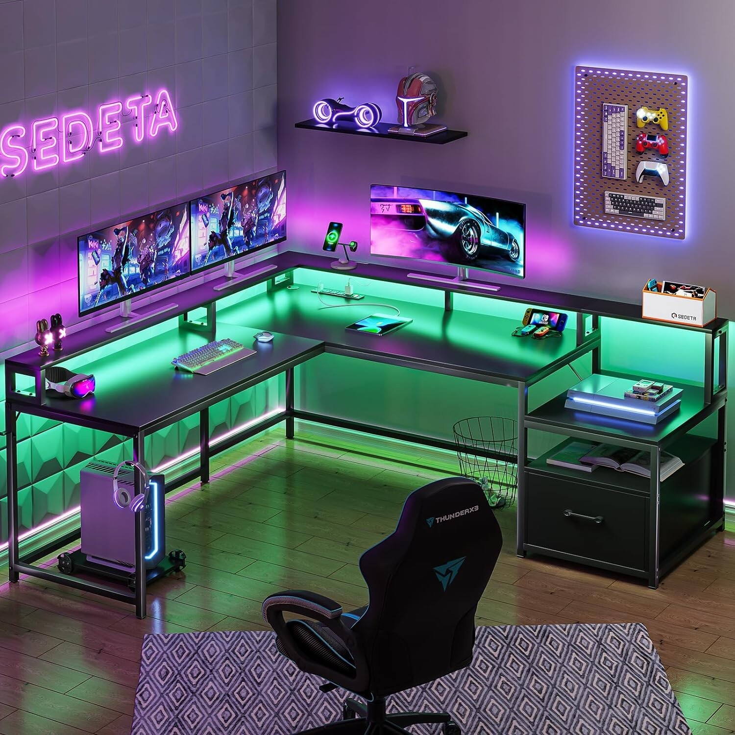 L Shaped Computer Desk with Led Lights 66" Home Office Desk with Power Outlet