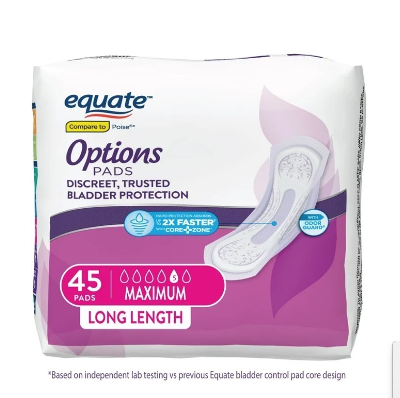 Equate Maximum Absorbency Bladder Control Pads Long Length Incontinence 45 Count