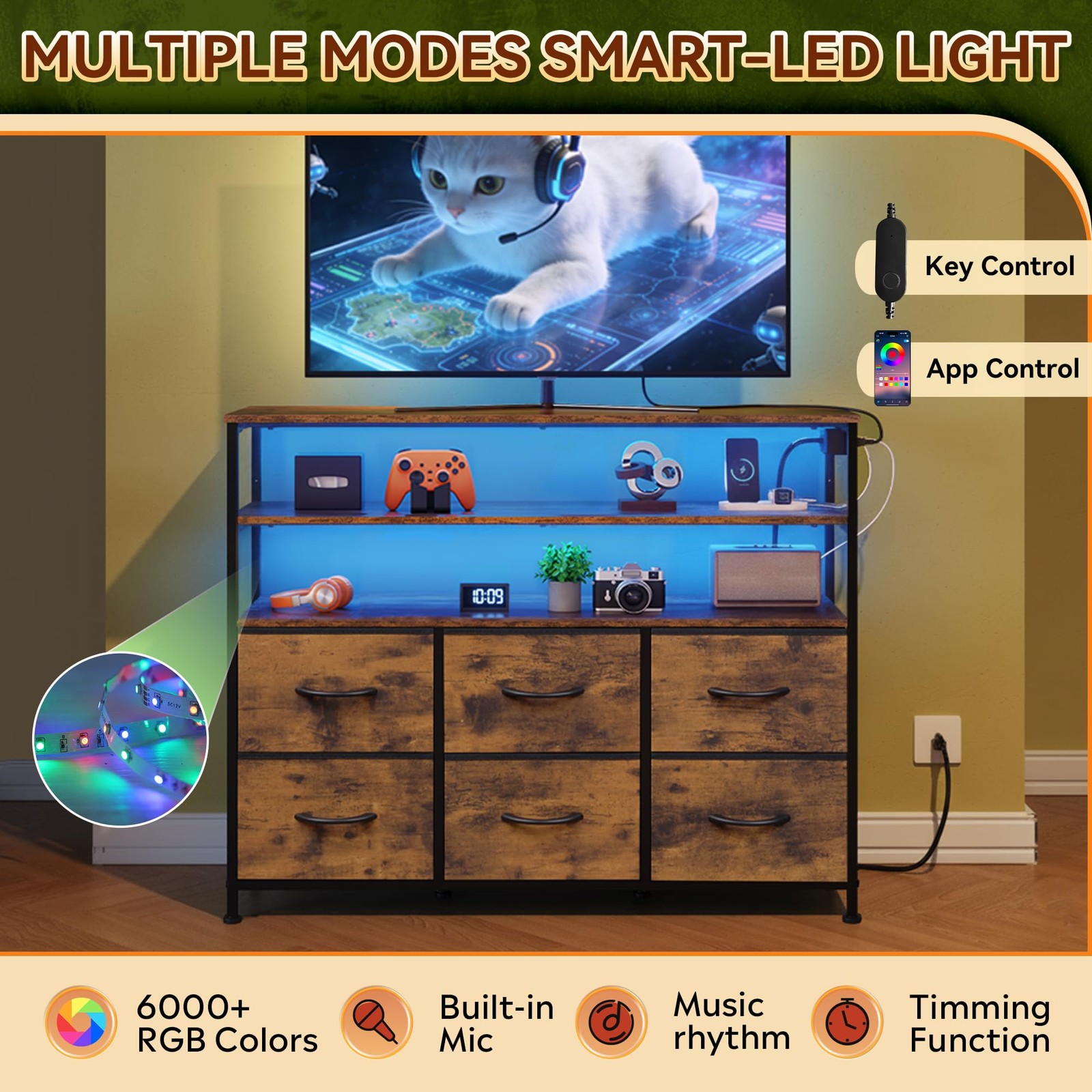 TV Stand for 40 45 inch TV with LED Lights Charging Station 6 Drawers