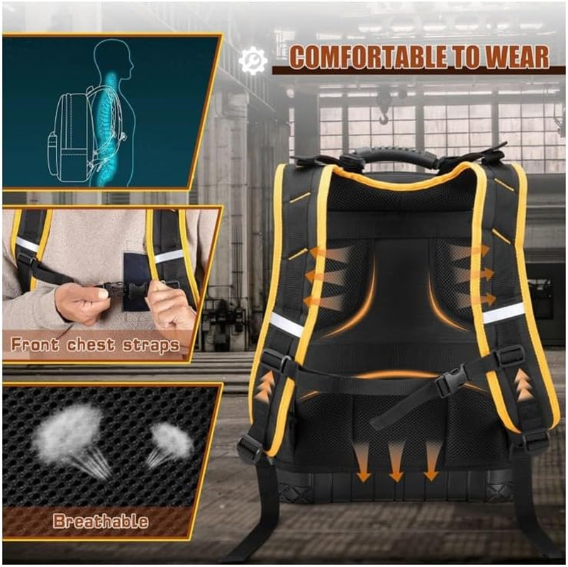 Rugged yet Comfortable Tool Backpack with Hard Molded Bottom and Tool Pouch, Hea