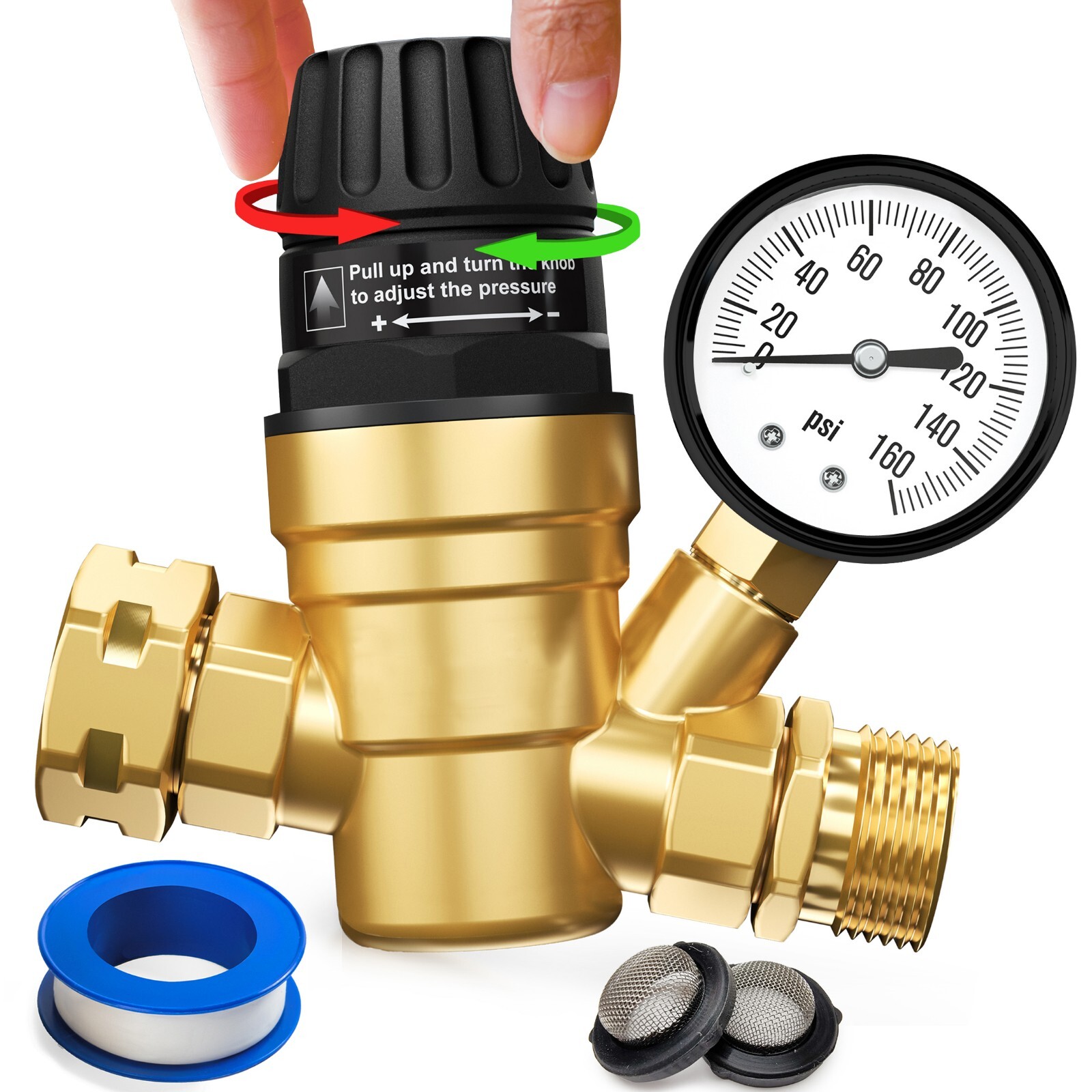 Water Pressure Regulator For RV Lead-free Brass Adjustable Reducer Gauge 3/4" V3