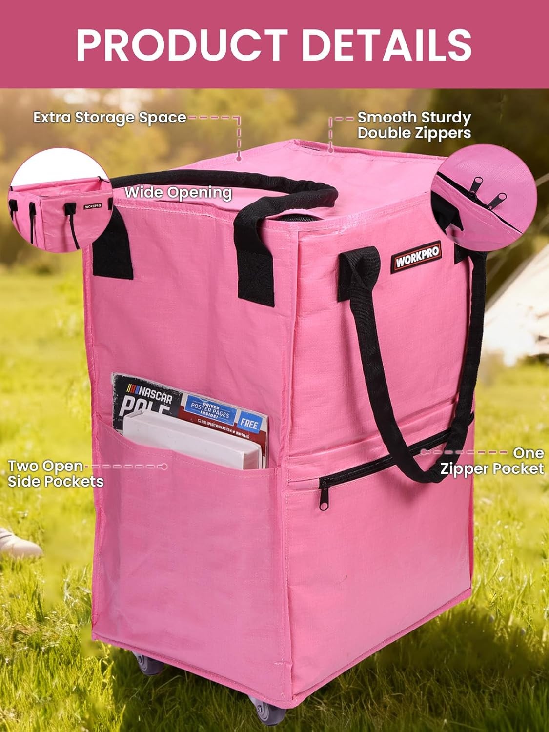 WORKPRO Medium Heavy Duty Reusable Grocery Bag 4 Caster Wheels Rolling Shop Tote