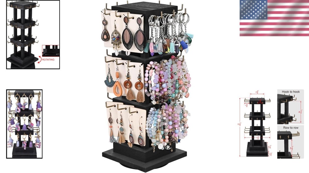 Rotating Earring Display Rack with 36 Hooks, Black