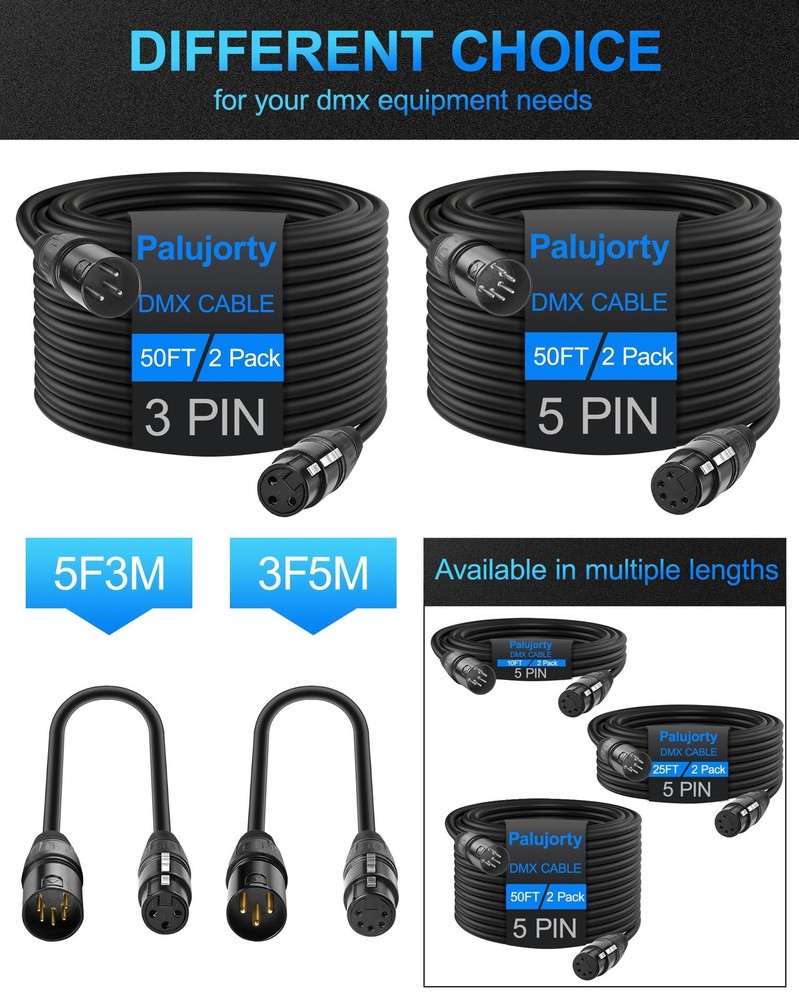 10FT 5 Pin DMX Cable 2 Pack with 3 Conductors for Stage Lighting & Controller