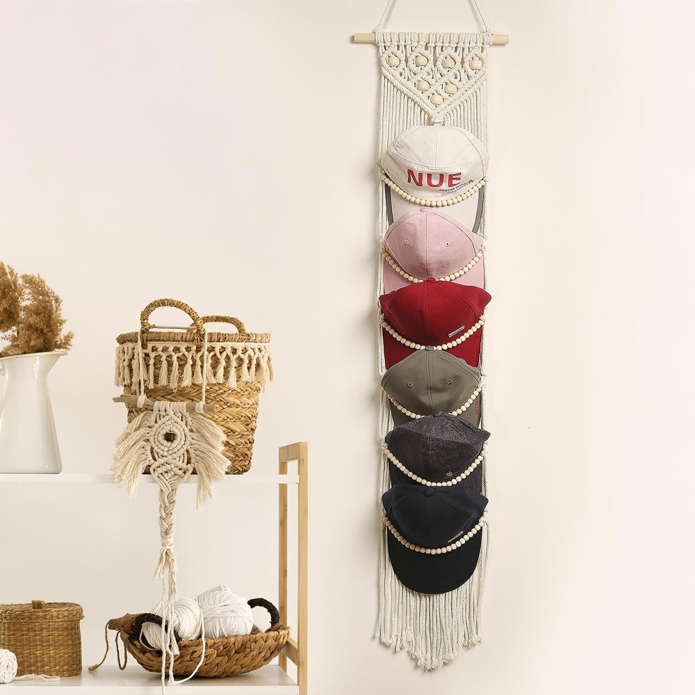 Ball Cap Hanger-1 Pack-Boho Macrame Cap Holder Wall Hat Organizer for Basebal...