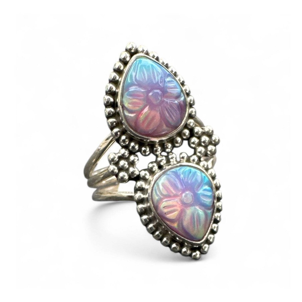 Aurora Opal Carved Solid 925 Sterling Silver Ring 9