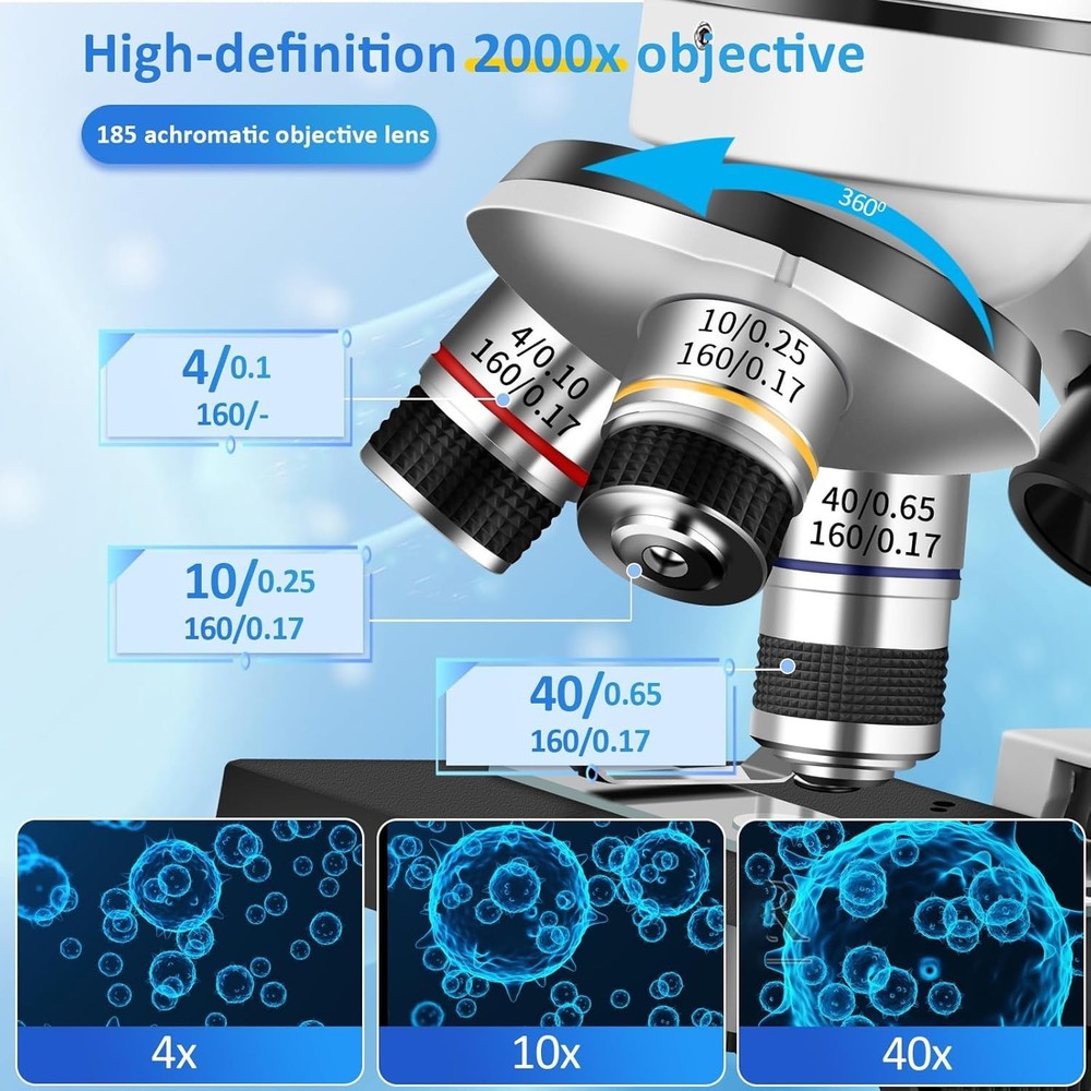 Microscope for Adults & Kids,40x-2000x Compound Microscope with Dual LED Illumin