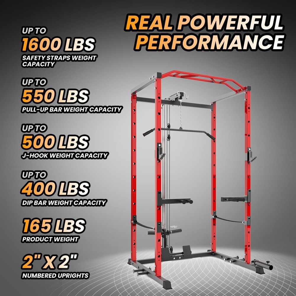 Power Cage with LAT Pulldown, Multi-Functional Power Rack with Cable Pulley S...