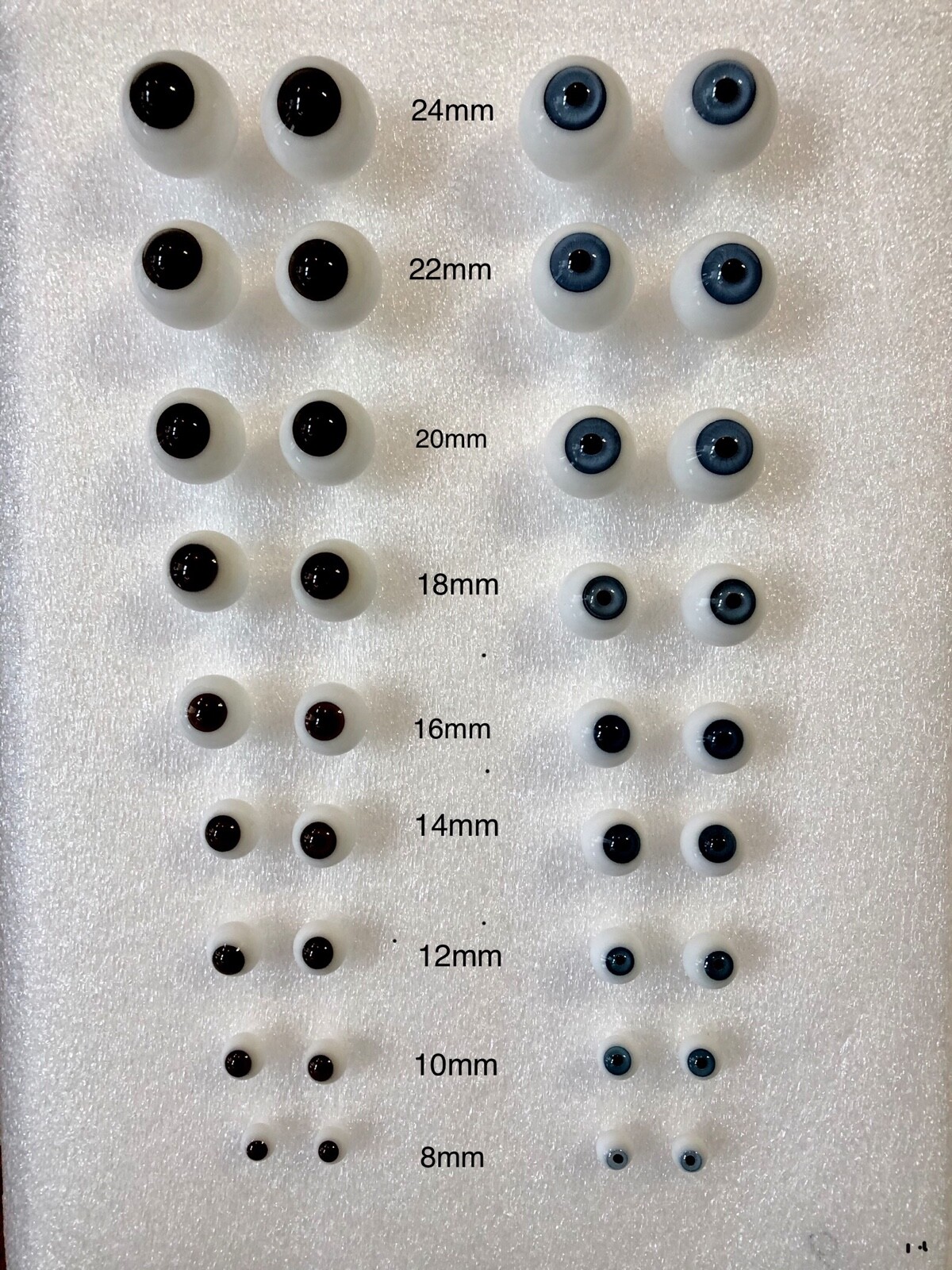 GERMAN BLOWN GLASS DOLL EYES WITH CRYSTAL LENS, FINEST QUALITY, 8mm - 26mm