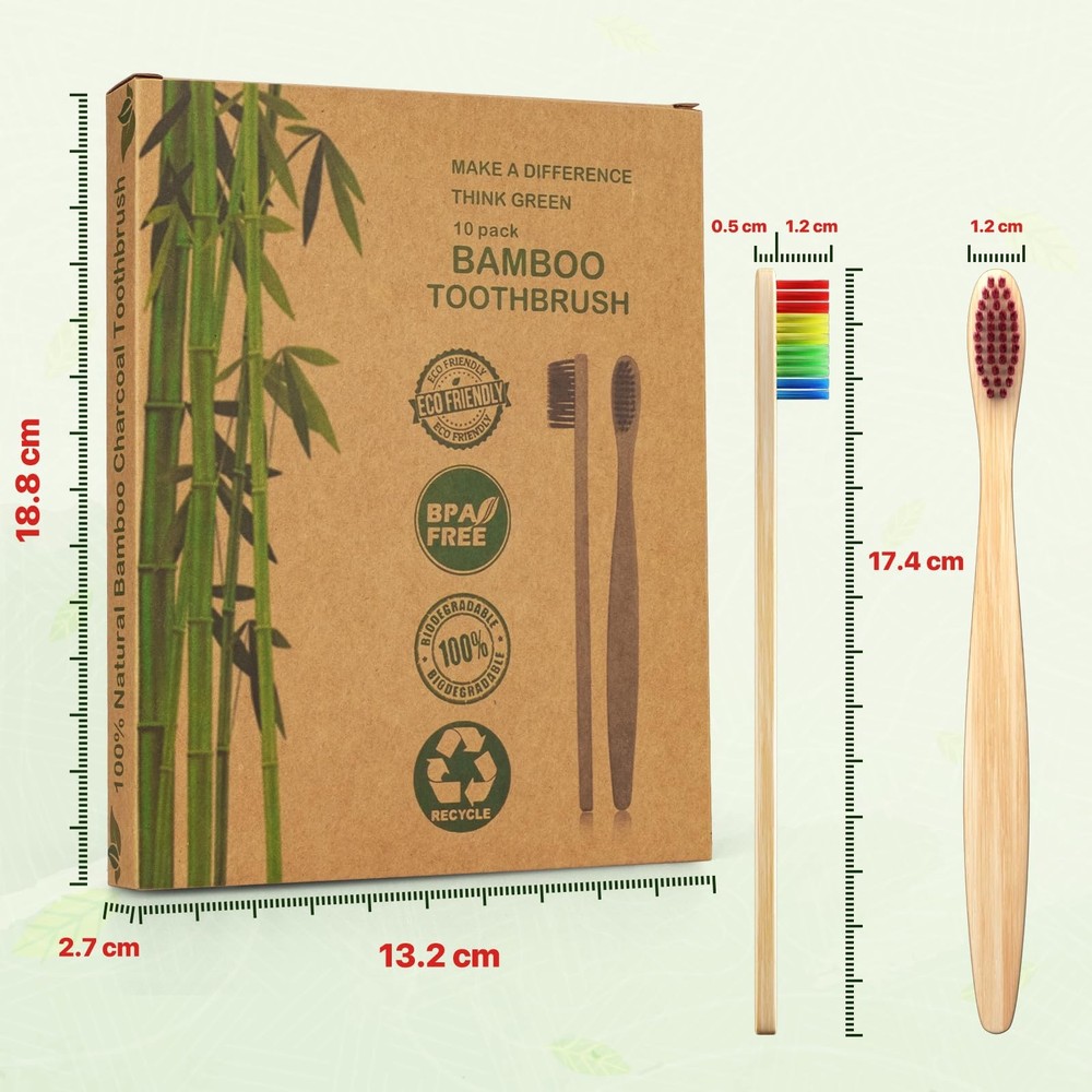 10 Pack Bamboo Toothbrushes | Biodegradable & Compostable EcoFriendly Natural...
