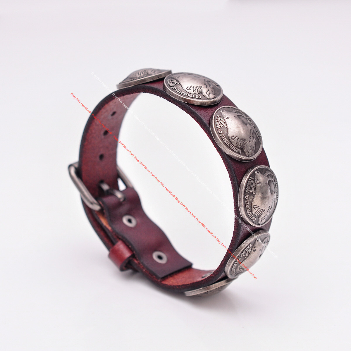 Western Buffalo Concho Veg Tan Brown Leather Wrap Bracelet Wristband Cuff Bangle