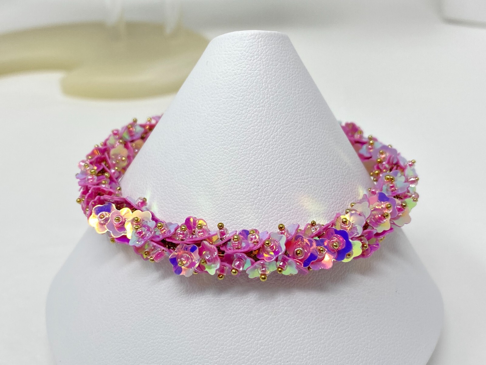 Handmade Pink Purple Iridescent Flower Sequin Bead Bracelet