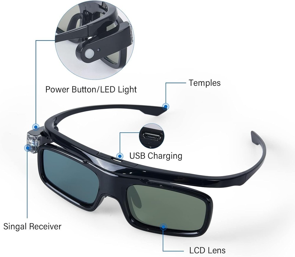 3D Glasses Active Shutter Rechargeable for DLP-Link Projectors 2 Pack