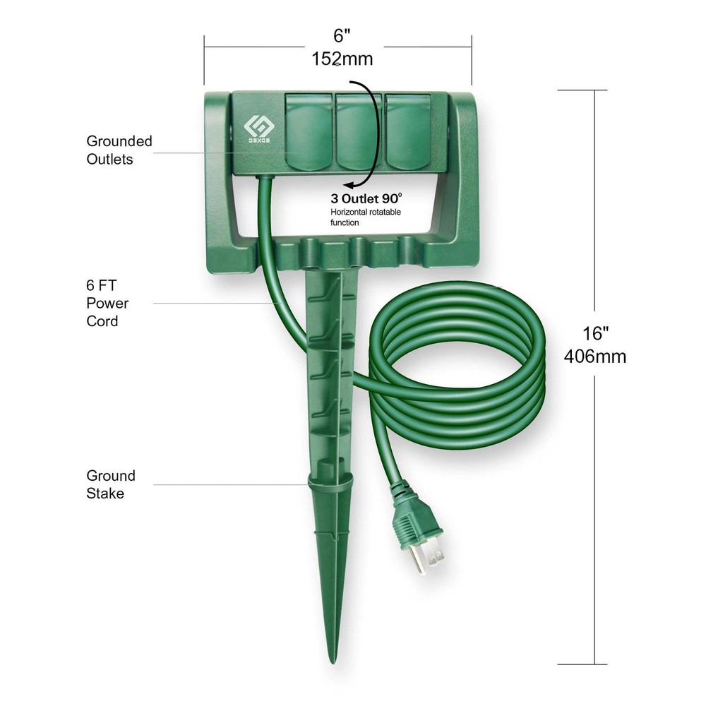 Outdoor Power Stake, 3 Grounded Outlets with 90º Rotating Function and Safe