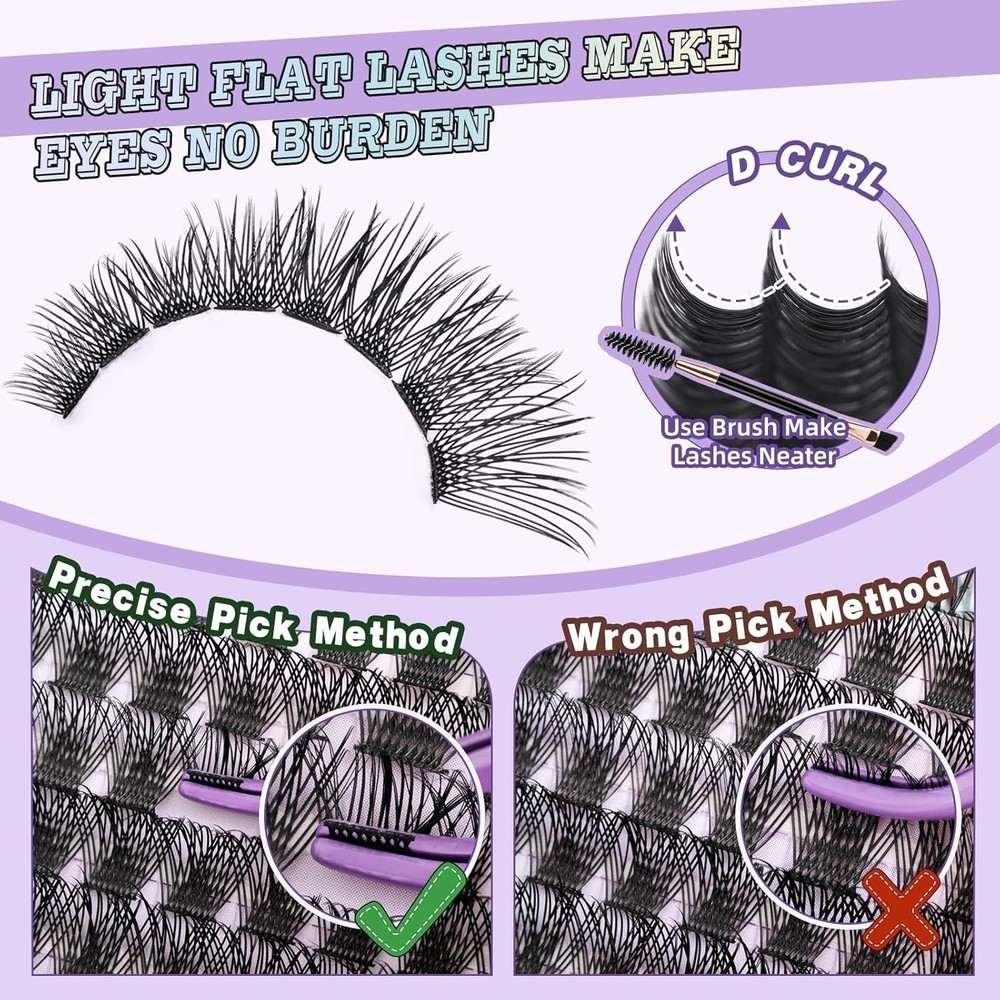 144 Pcs Eyelash Extension Clusters Kit with Light Flat Lashes