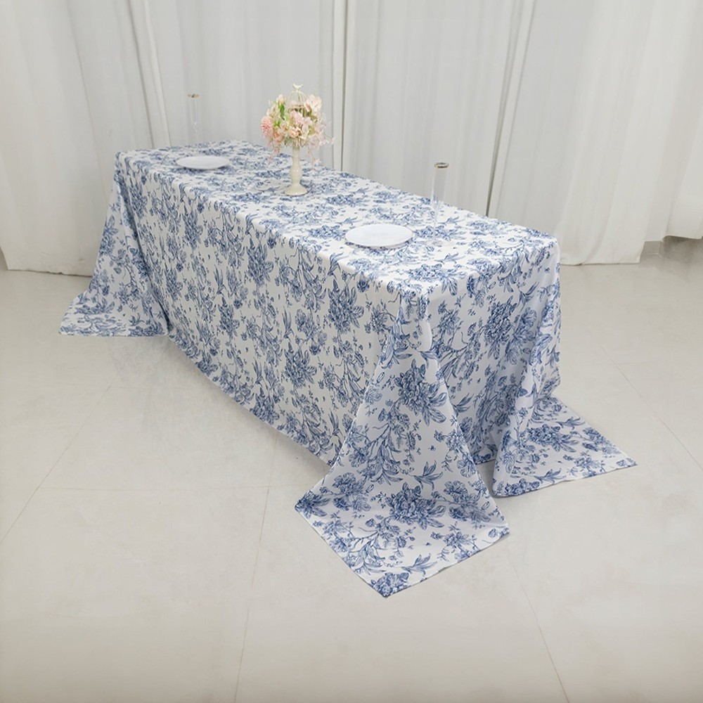 90" x 132" Blue French Toile Pattern Polyester Rectangular Tablecloth