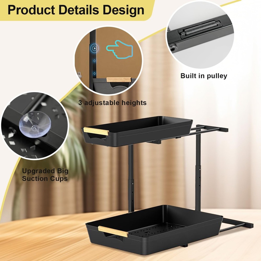 2 Pack Under Sink Organizer,2 Tier Pull Out Adjustable Height Under Cabinet S...