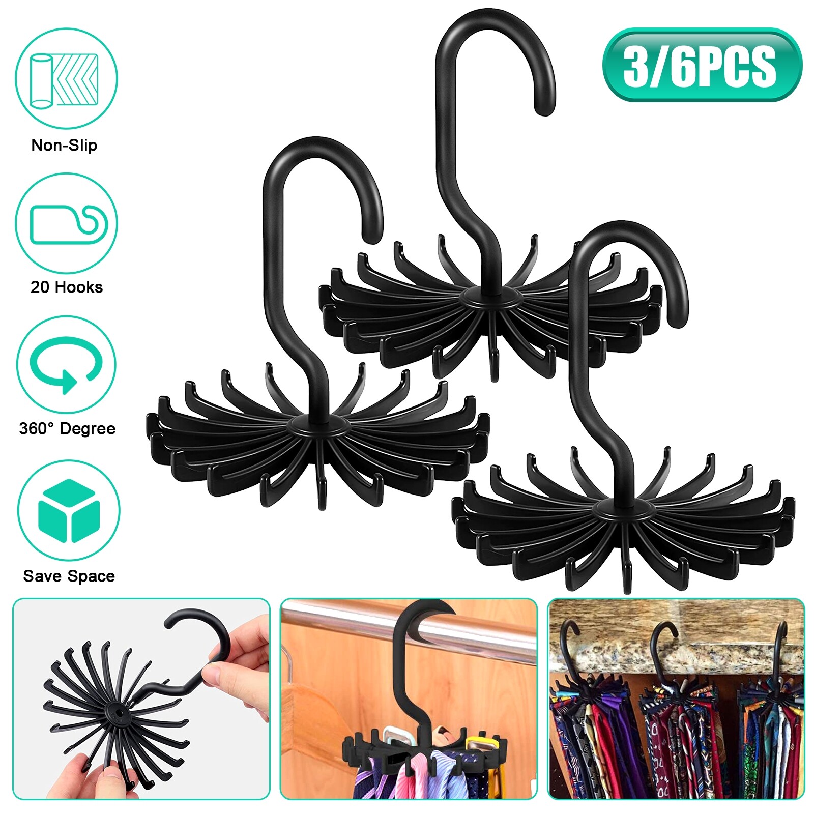 6X Neck Tie Rack 360° Rotatable Hook Hanger Organizer Scarf Belt Storage Holder