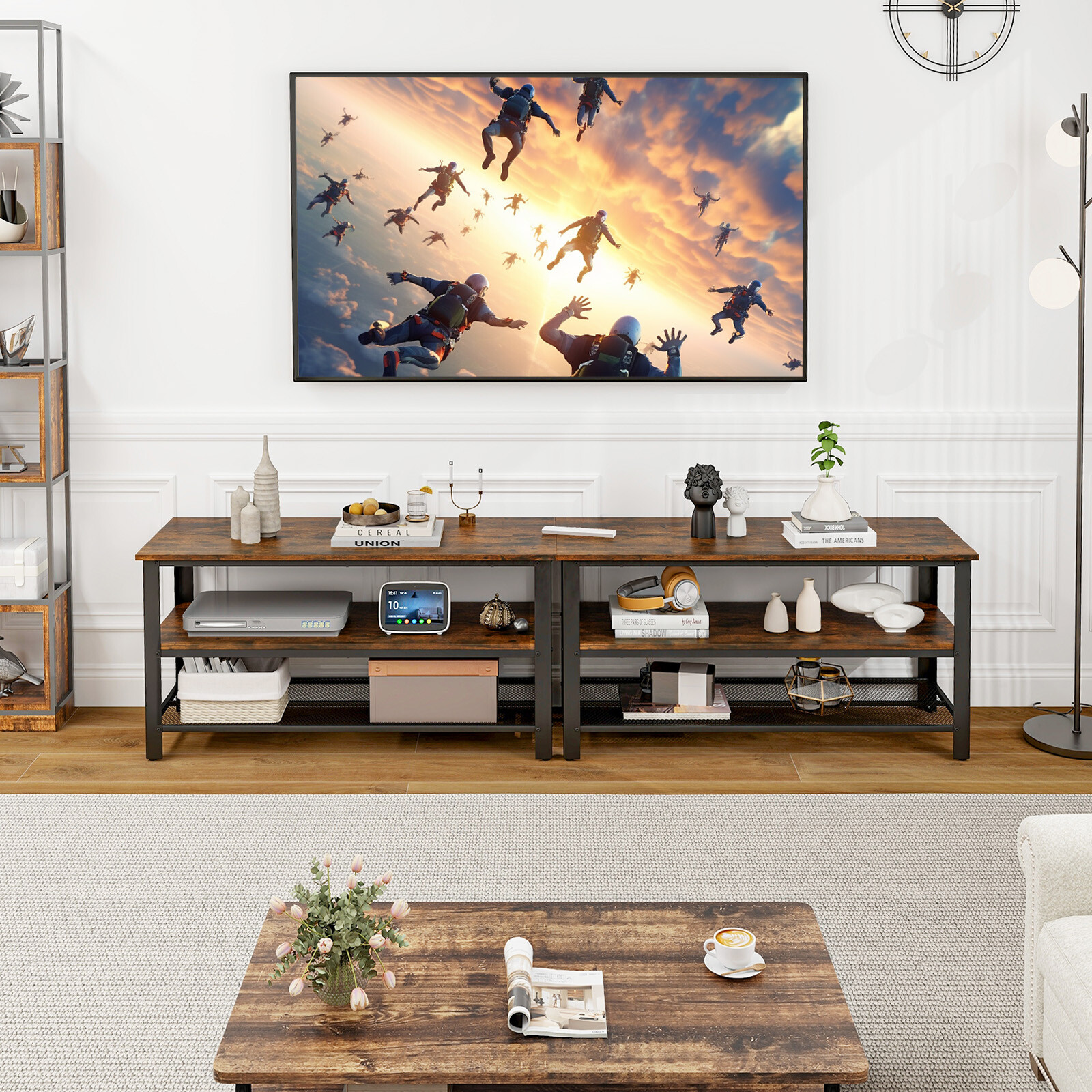 3-Tier Industrial TV Stand Entertainment Center Console Metal Frame Rustic Brown