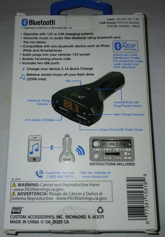 GOXT BLUETOOTH FM TRANSMITTER 18843 2.1A QUICK CHARGE NEW