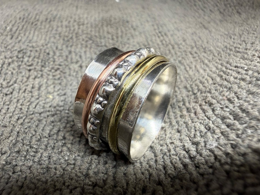 Solid 925 Sterling Silver Boho Multi-Metal Spinner Textured Fidget Band Ring