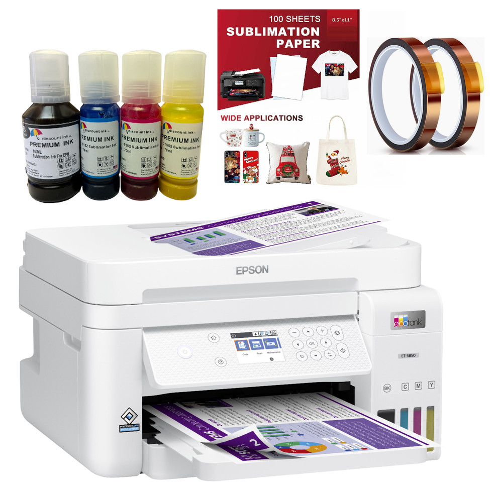 Epson EcoTank ET 3850 Sublimation Printer Bundle with Sublimation Ink and Paper